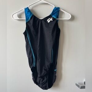 GK Elite: Solid black blue strap Practice Leotard